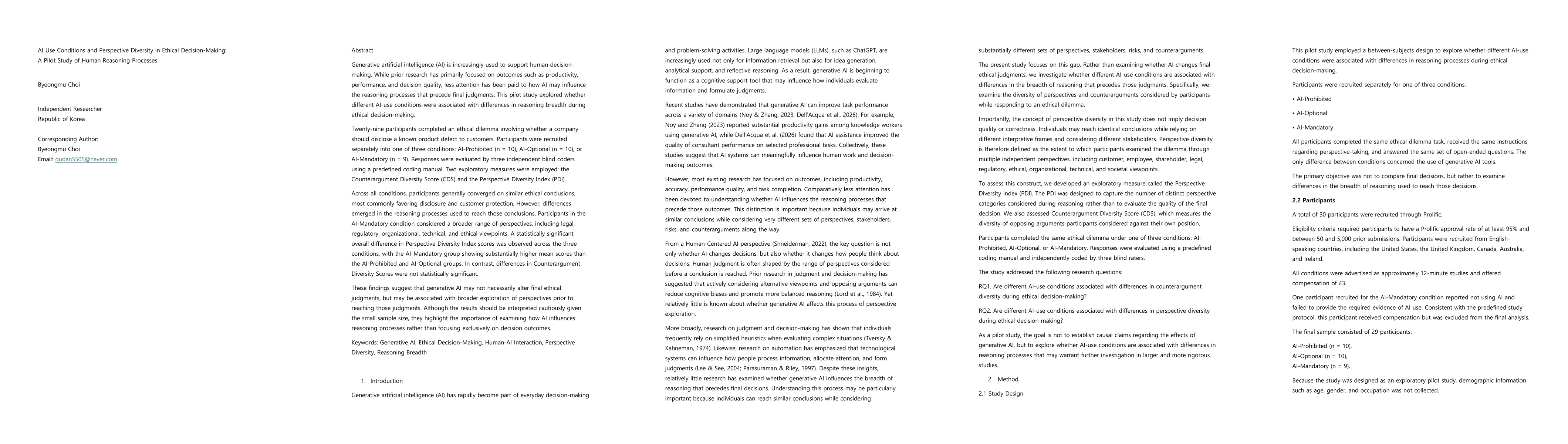 Thumbnail for AI Use Conditions and Perspective Diversity in Ethical Decision-Making: A Pilot Study of Human Reasoning Processes