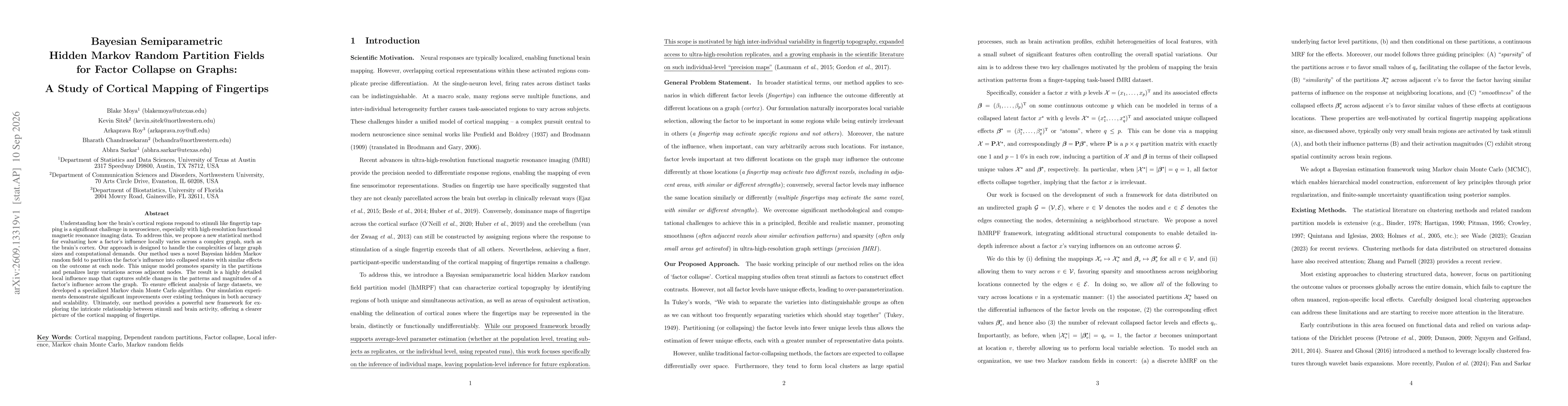Thumbnail for Bayesian Semiparametric Hidden Markov Random Partition Fields for Factor Collapse on Graphs: A Study of Cortical Mapping of Fingertips