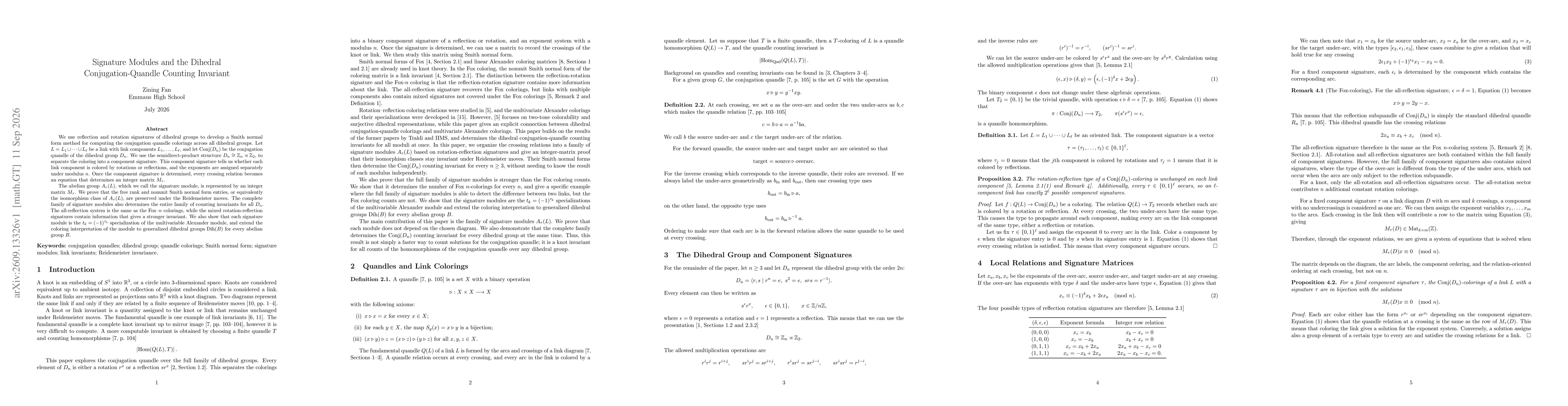 Thumbnail for Signature Modules and the Dihedral Conjugation-Quandle Counting Invariant