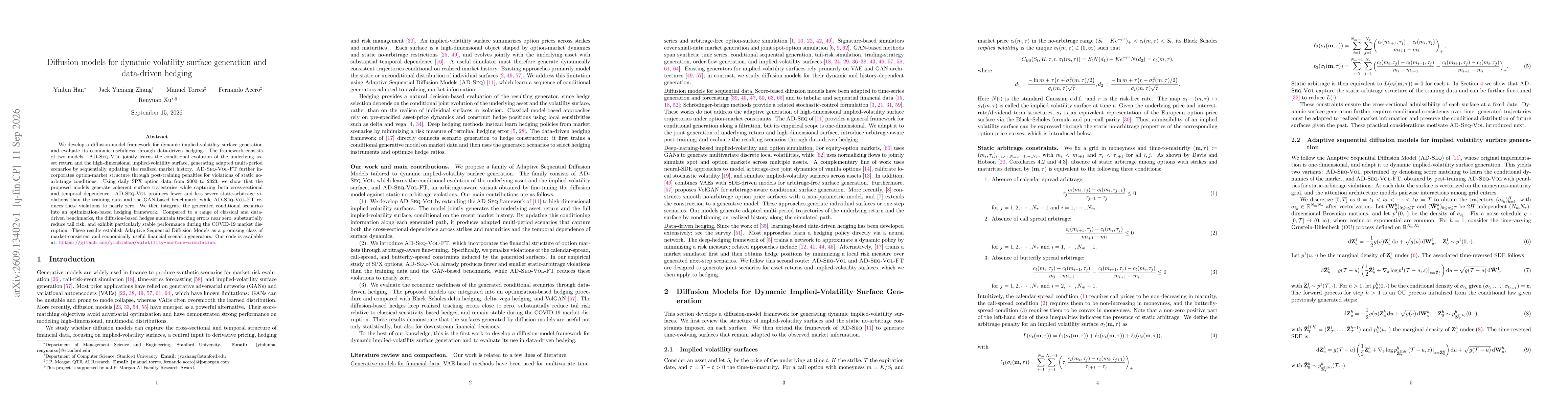 Thumbnail for Diffusion models for dynamic volatility surface generation and data-driven hedging