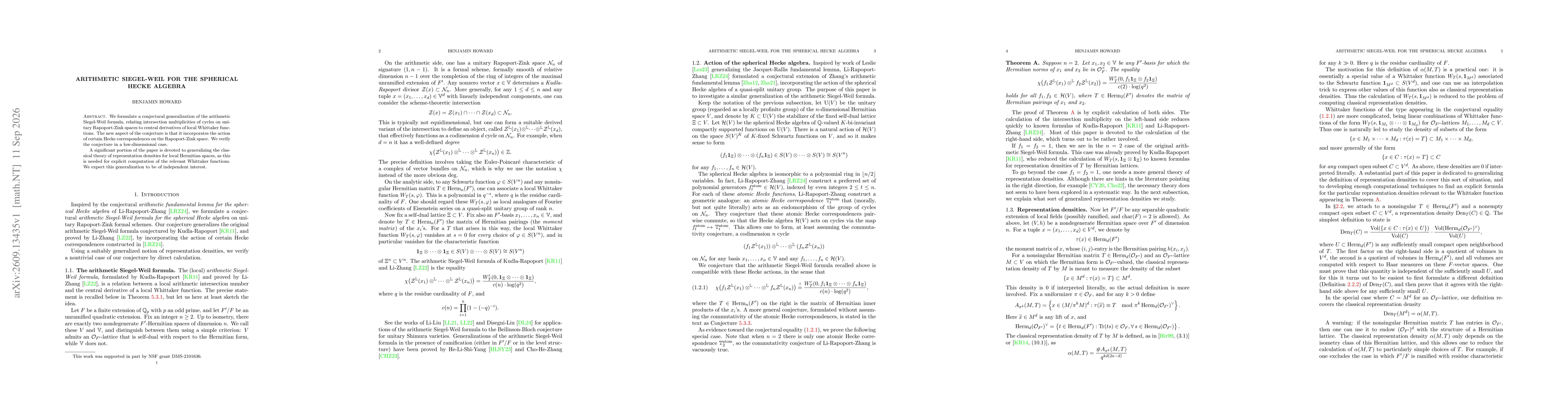 Thumbnail for Arithmetic Siegel-Weil for the spherical Hecke algebra