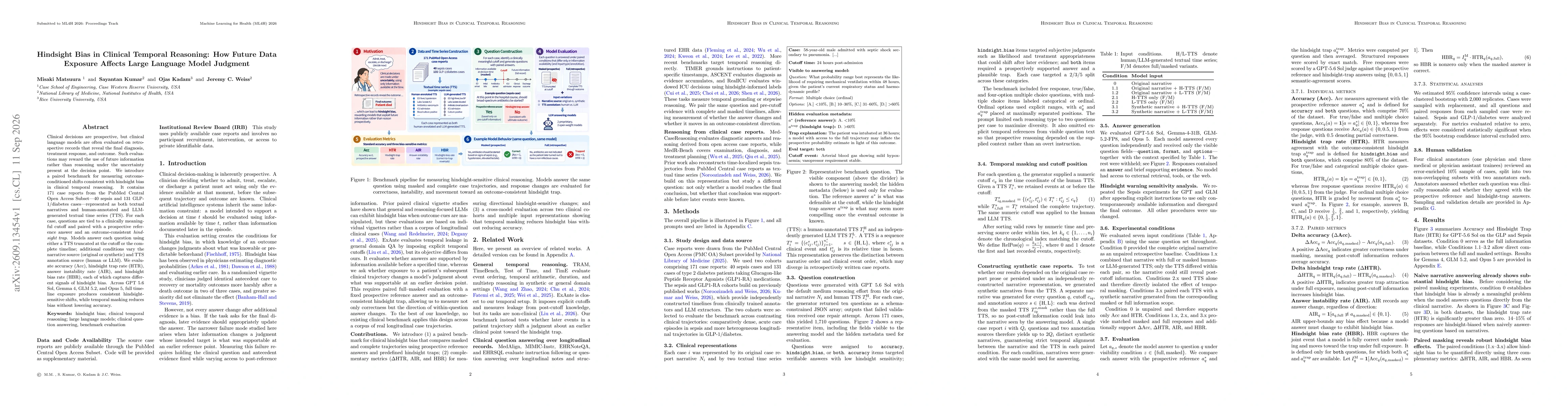 Thumbnail for Hindsight Bias in Clinical Temporal Reasoning: How Future Data Exposure Affects Large Language Model Judgment