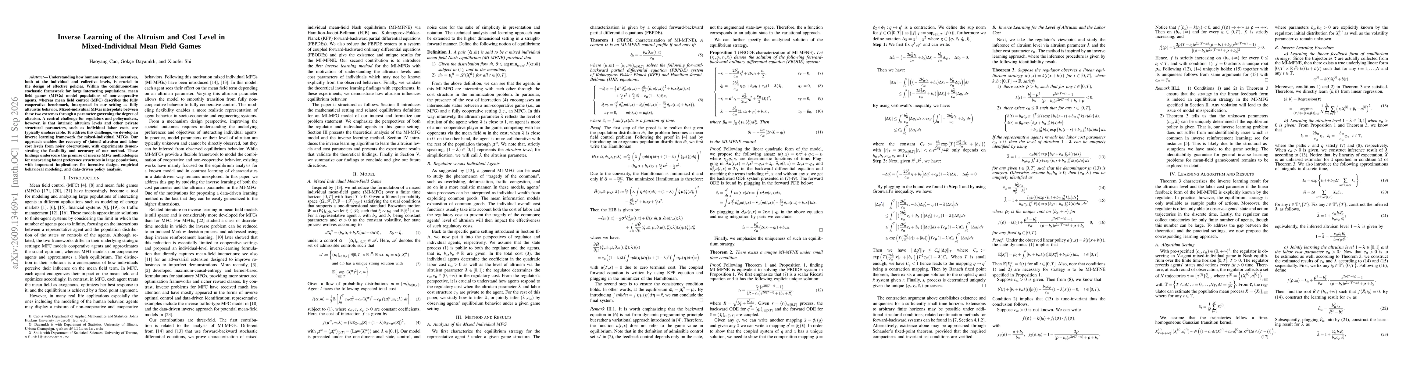 Thumbnail for Inverse Learning of the Altruism and Cost Level in Mixed-Individual Mean Field Games