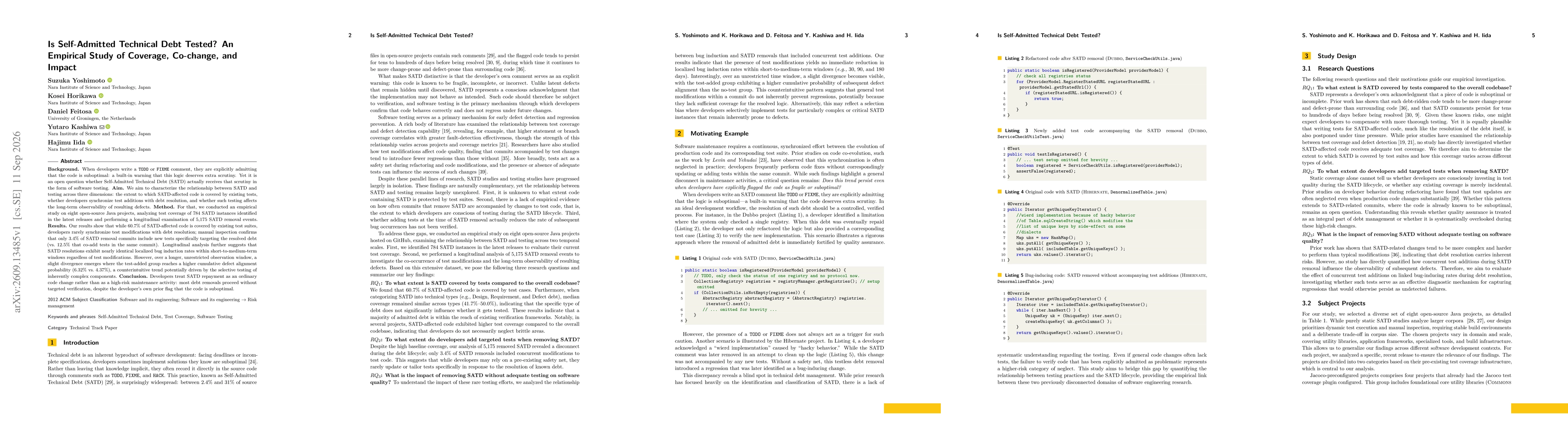 Thumbnail for Is Self-Admitted Technical Debt Tested? An Empirical Study of Coverage, Co-change, and Impact