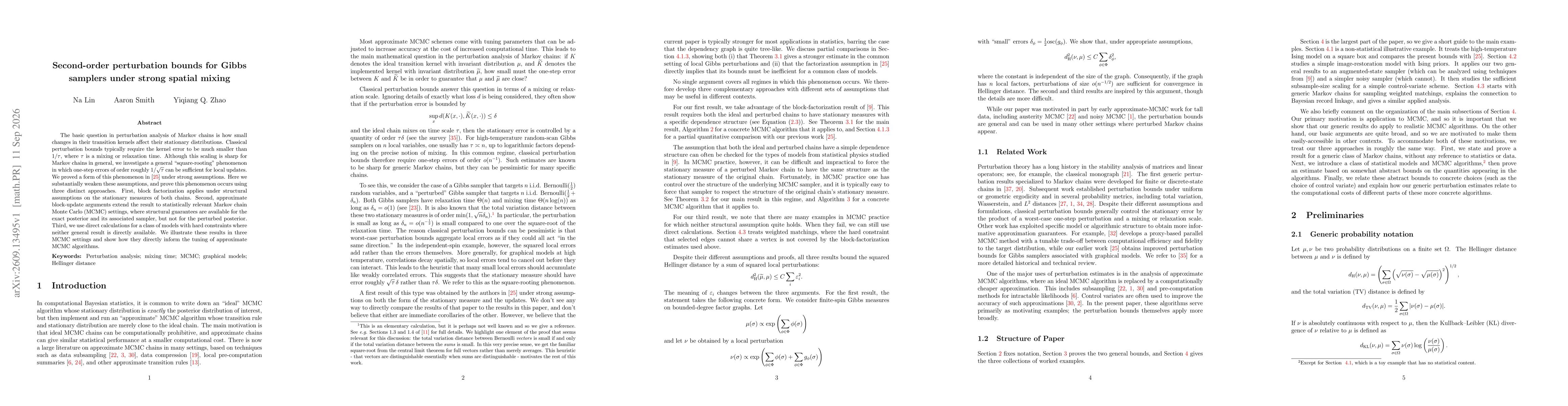 Thumbnail for Second-order perturbation bounds for Gibbs samplers under strong spatial mixing