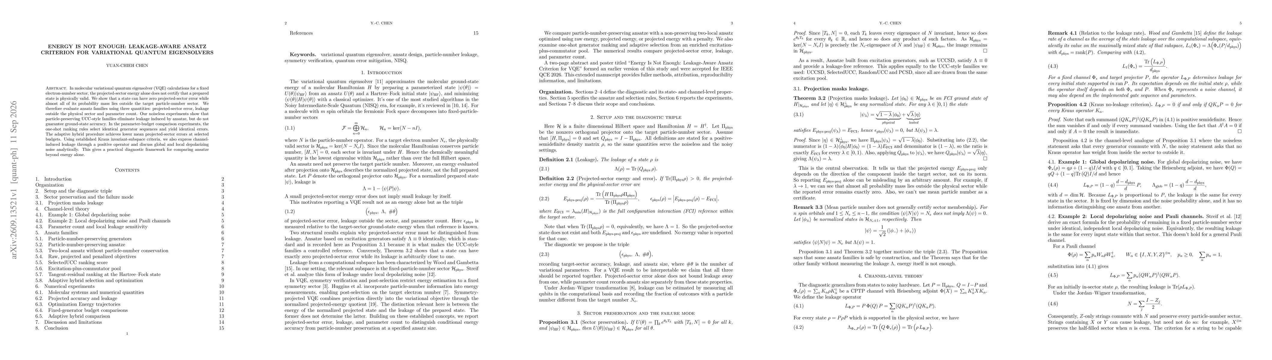 Thumbnail for Energy Is Not Enough: Leakage-Aware Ansatz Criterion for Variational Quantum Eigensolvers