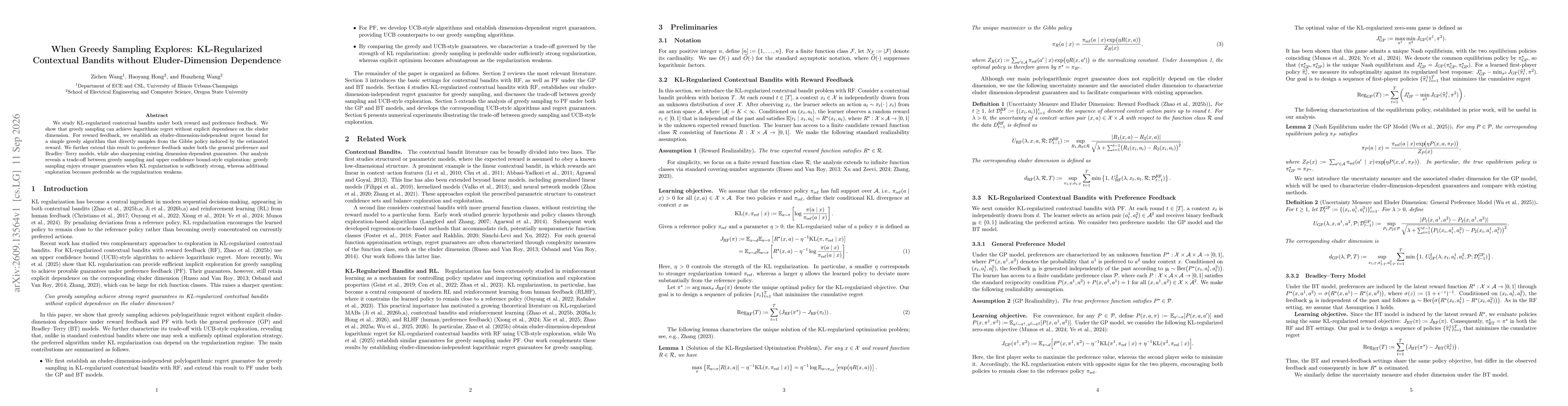 Thumbnail for When Greedy Sampling Explores: KL-Regularized Contextual Bandits without Eluder-Dimension Dependence