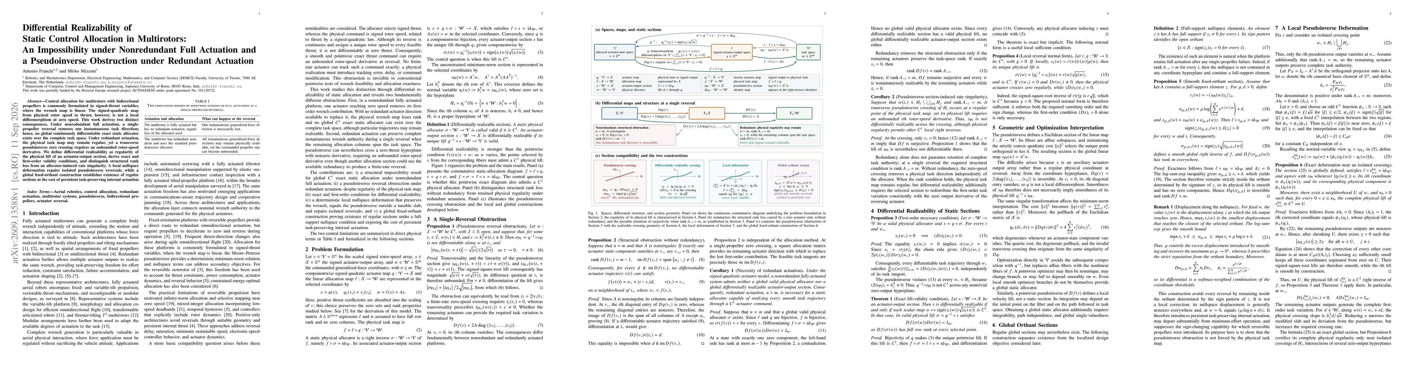 Thumbnail for Differential Realizability of Static Control Allocation in Multirotors: An Impossibility under Nonredundant Full Actuation and a Pseudoinverse Obstruction under Redundant Actuation