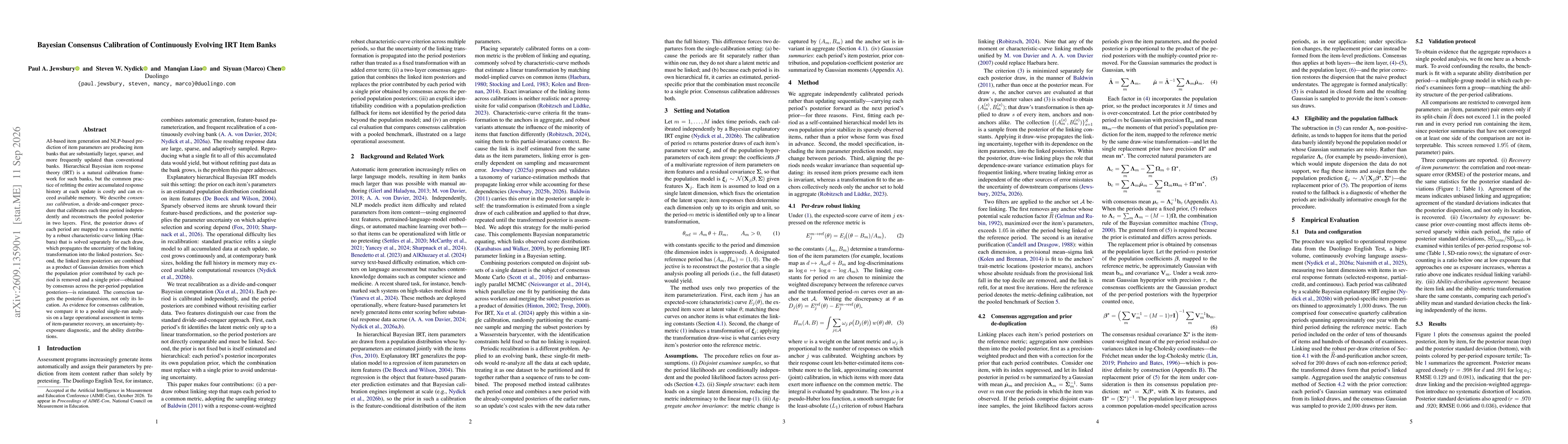 Thumbnail for Bayesian Consensus Calibration of Continuously Evolving IRT Item Banks
