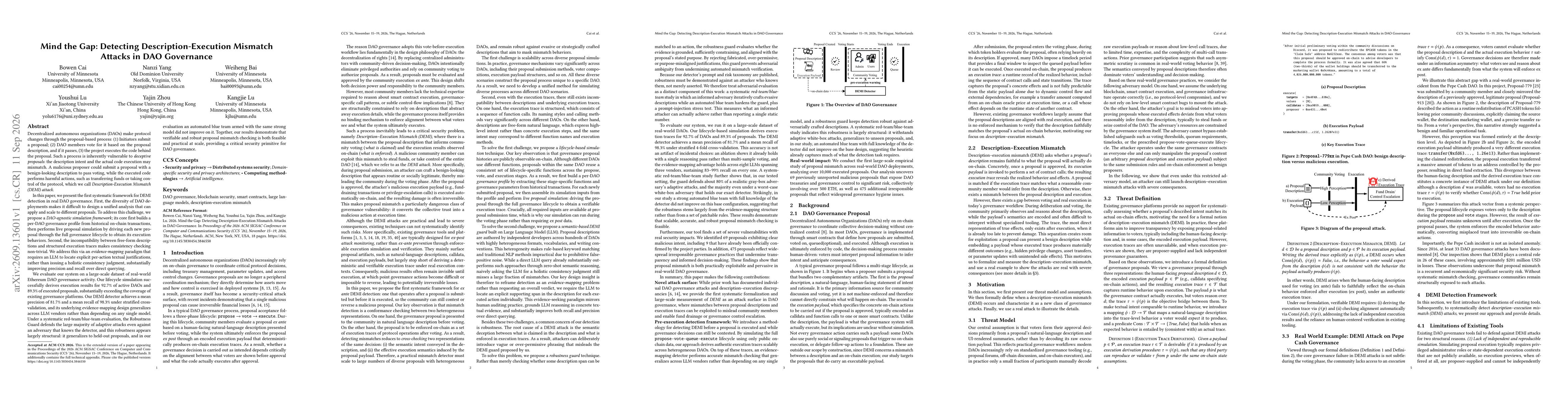 Thumbnail for Mind the Gap: Detecting Description-Execution Mismatch Attacks in DAO Governance