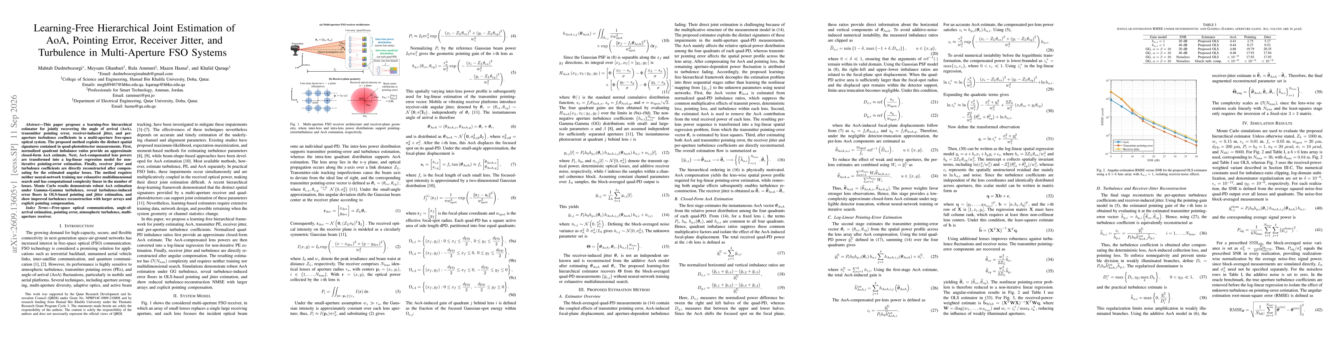 Thumbnail for Learning-Free Hierarchical Joint Estimation of AoA, Pointing Error, Receiver Jitter, and Turbulence in Multi-Aperture FSO Systems