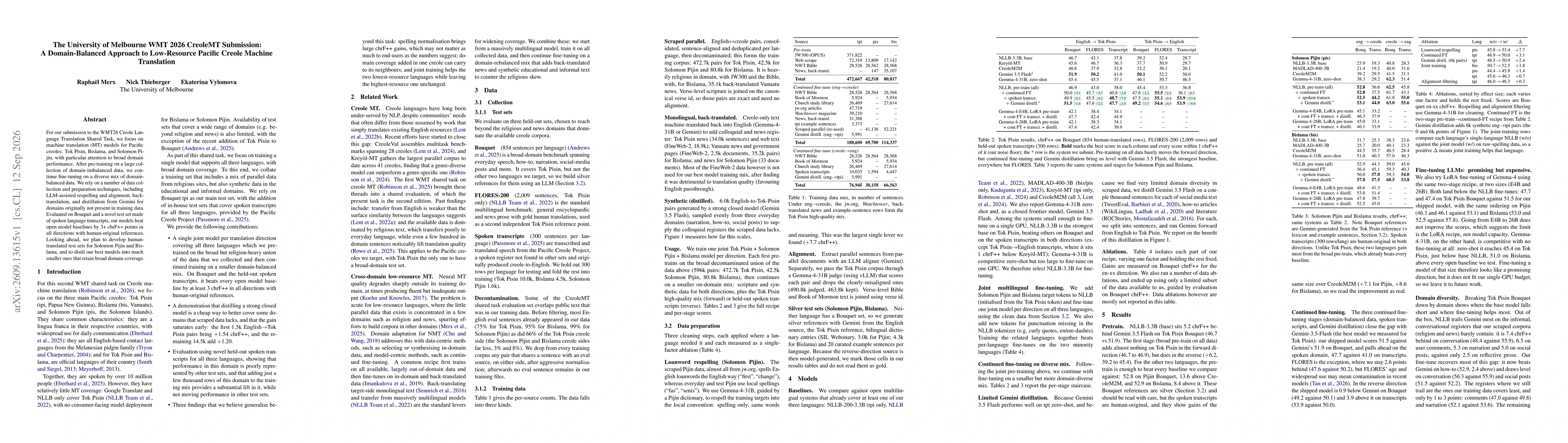 Thumbnail for The University of Melbourne WMT 2026 CreoleMT Submission: A Domain-Balanced Approach to Low-Resource Pacific Creole Machine Translation