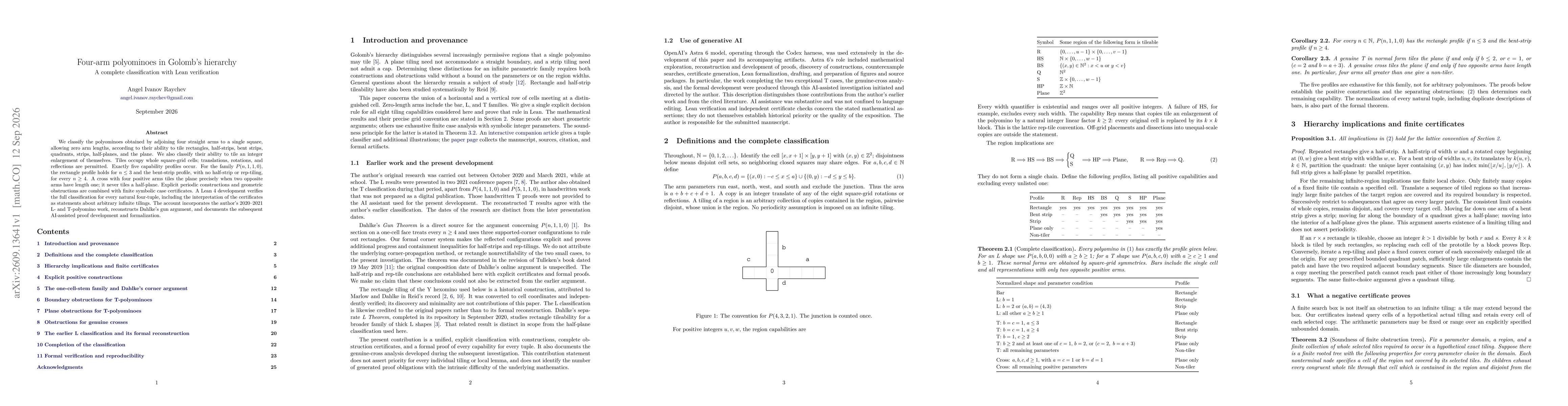 Thumbnail for Four-arm polyominoes in Golomb's hierarchy: A complete classification with Lean verification