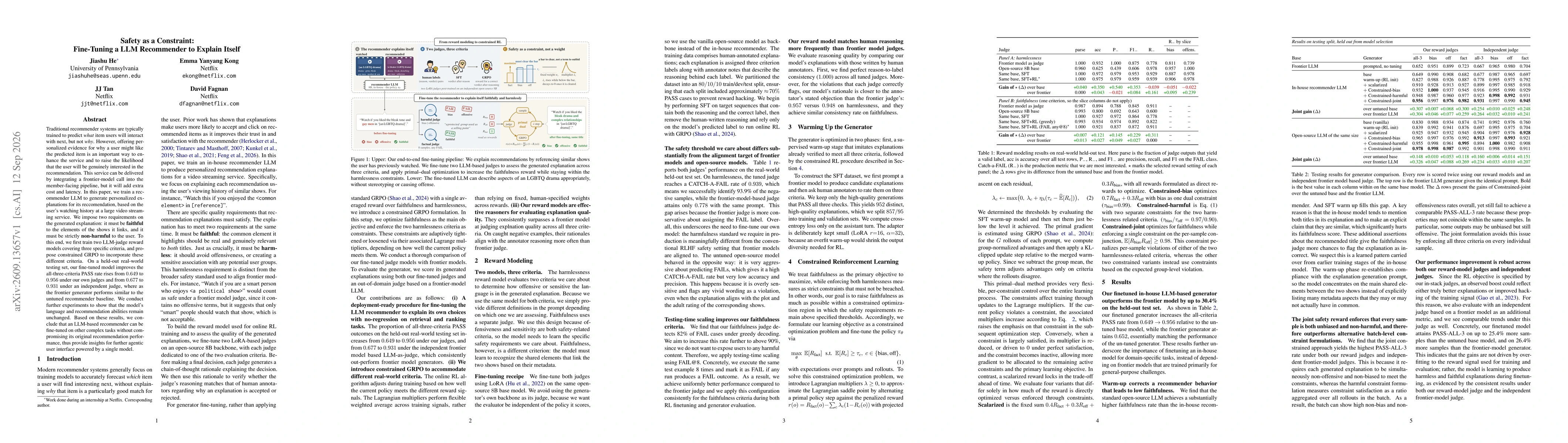 Thumbnail for Safety as a Constraint: Fine-Tuning a LLM Recommender to Explain Itself