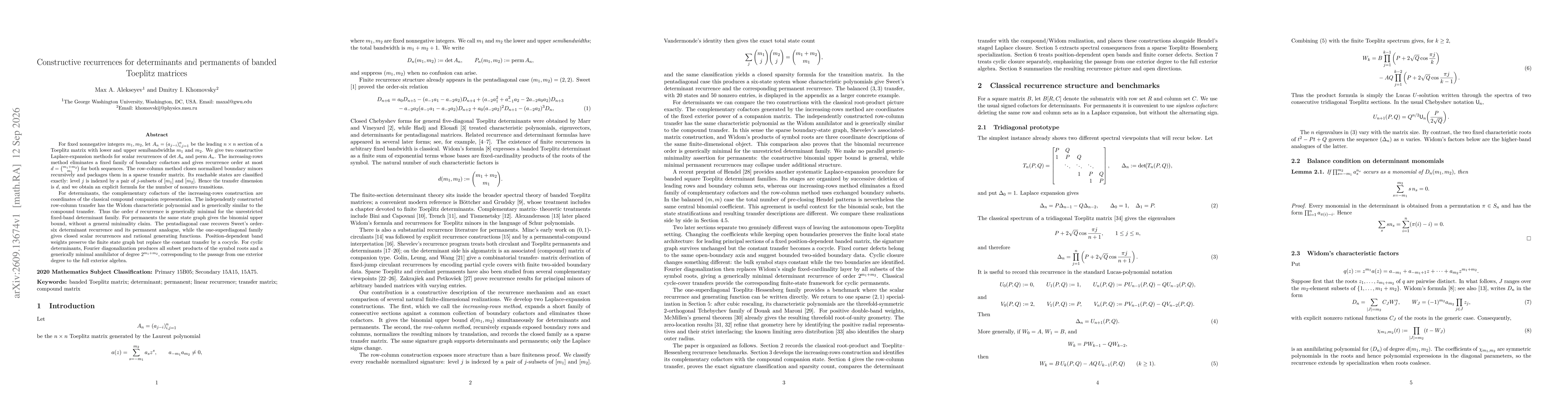 Thumbnail for Constructive recurrences for determinants and permanents of banded Toeplitz matrices