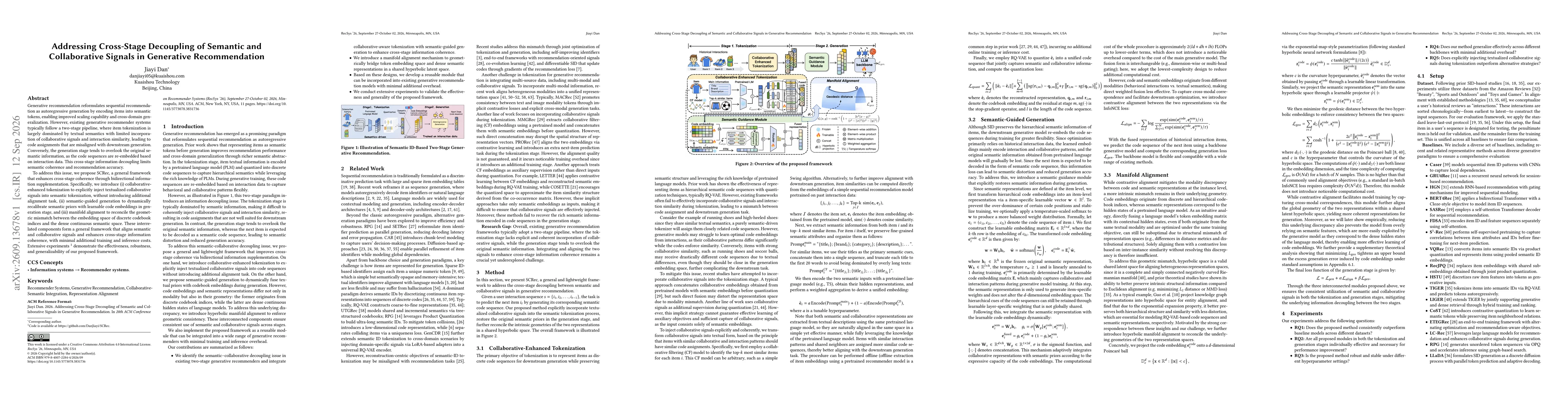 Thumbnail for Addressing Cross-Stage Decoupling of Semantic and Collaborative Signals in Generative Recommendation