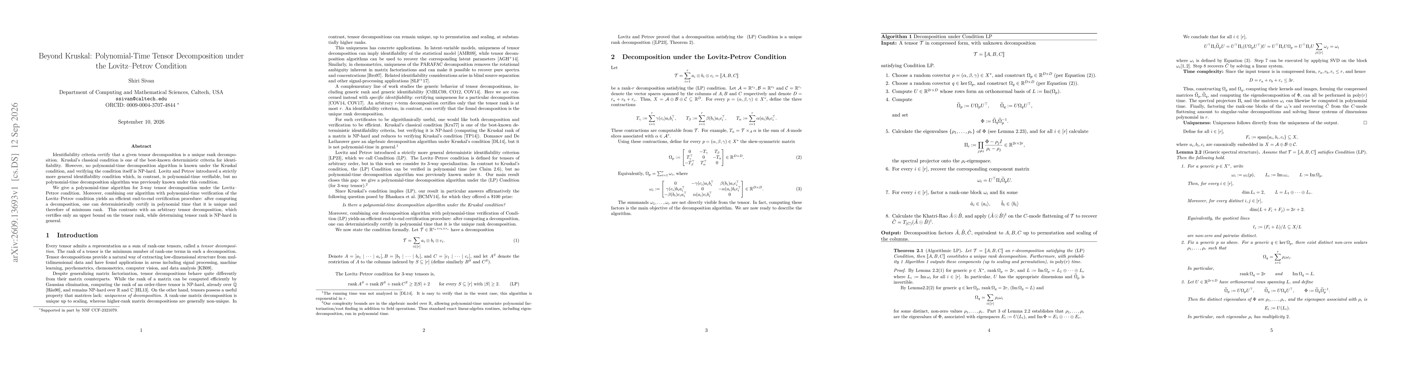 Thumbnail for Beyond Kruskal: Polynomial-Time Tensor Decomposition under the Lovitz-Petrov Condition