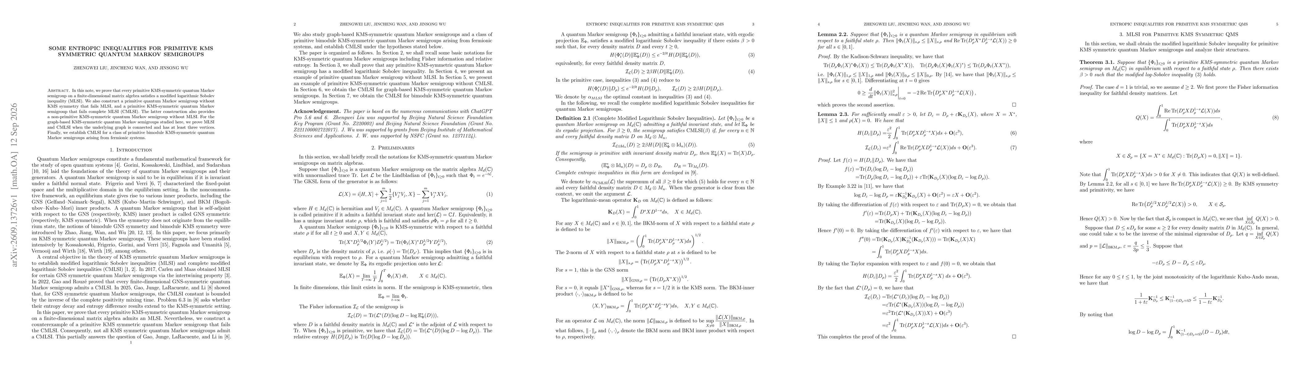 Thumbnail for Some entropic inequalities for primitive KMS symmetric quantum Markov semigroups