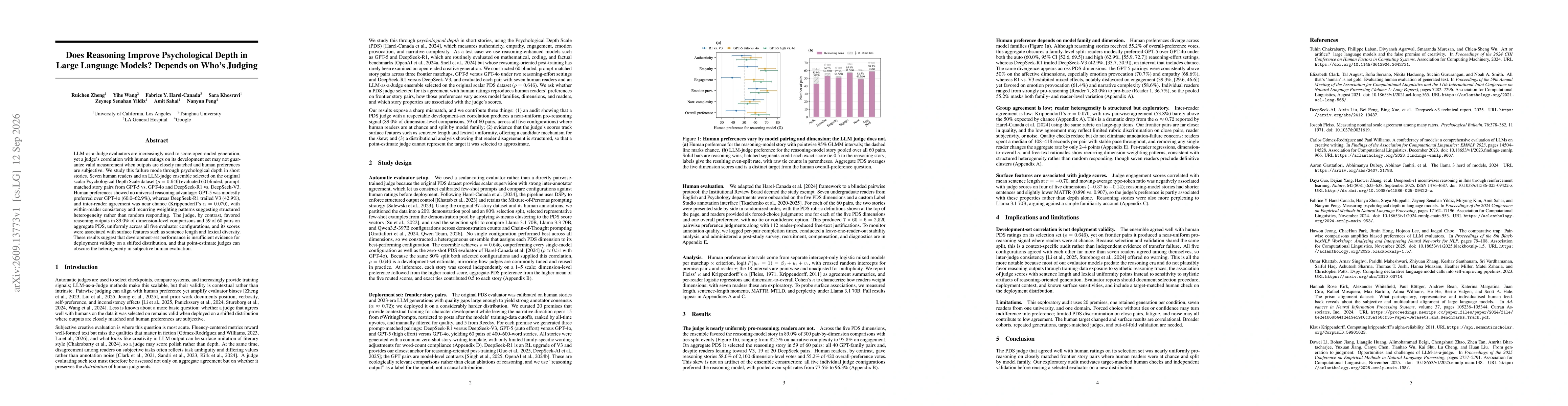 Thumbnail for Does Reasoning Improve Psychological Depth in Large Language Models? It Depends on Who's Judging