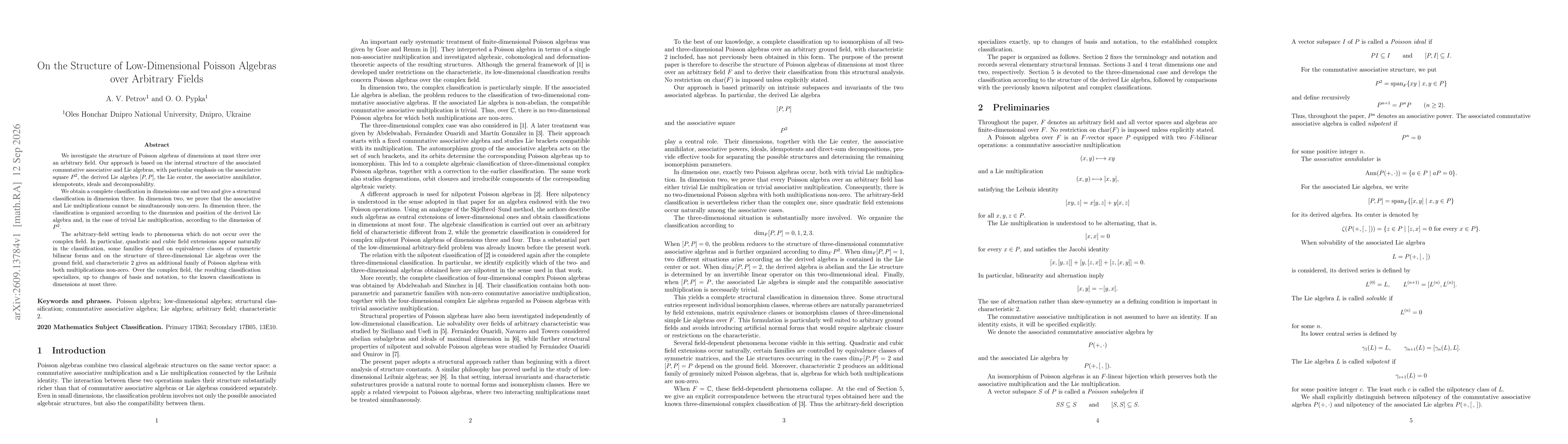 Thumbnail for On the Structure of Low-Dimensional Poisson Algebras over Arbitrary Fields