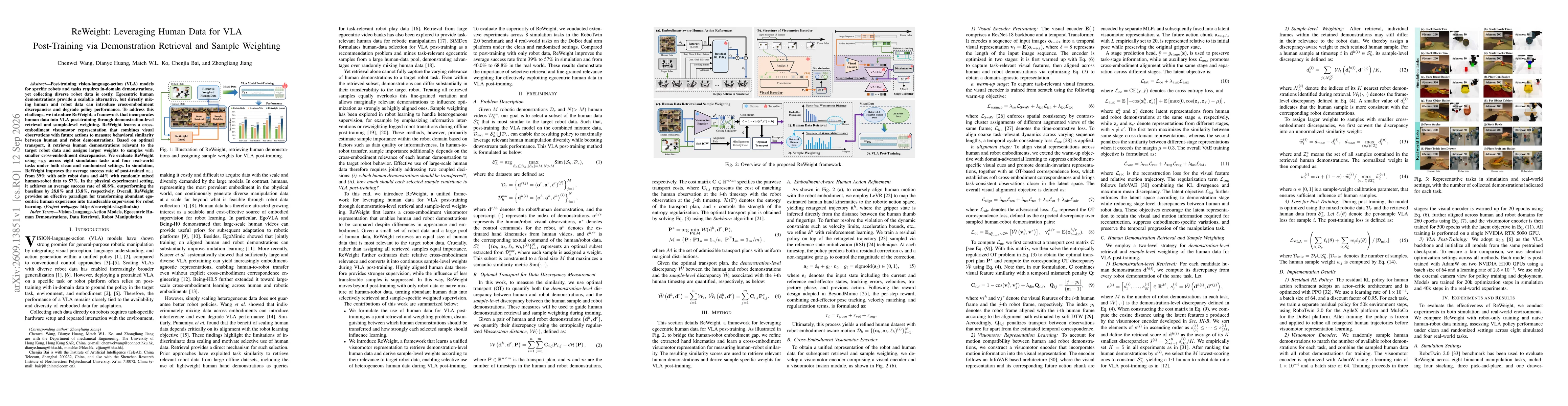 Thumbnail for ReWeight: Leveraging Human Data for VLA Post-Training via Demonstration Retrieval and Sample Weighting