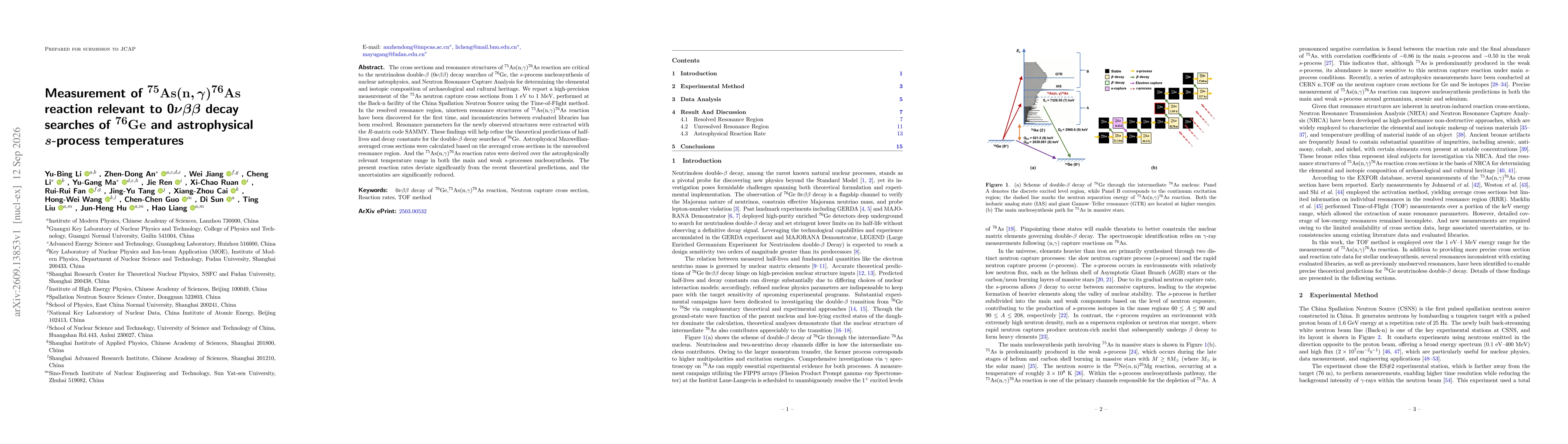 Thumbnail for Measurement of $\mathrm{^{75}As}(\mathrm{n},γ)\mathrm{^{76}As}$ reaction relevant to 0$νββ$ decay searches of $\mathrm{^{76}Ge}$ and astrophysical $s$-process temperatures