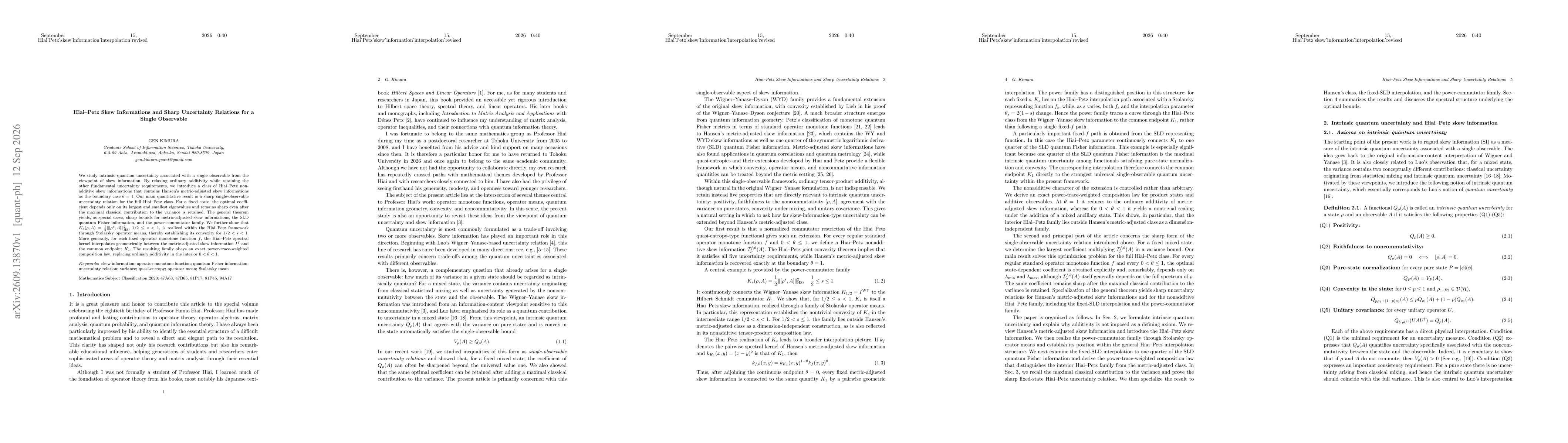 Thumbnail for Hiai--Petz Skew Informations and Sharp Uncertainty Relations for a Single Observable