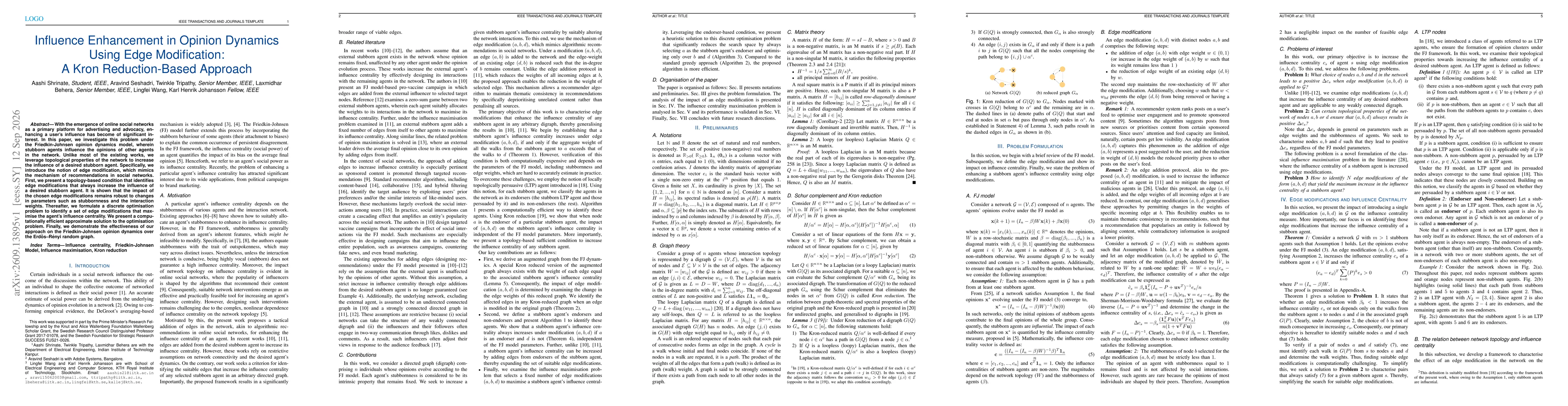 Thumbnail for Influence Enhancement in Opinion Dynamics Using Edge Modification: A Kron Reduction-Based Approach
