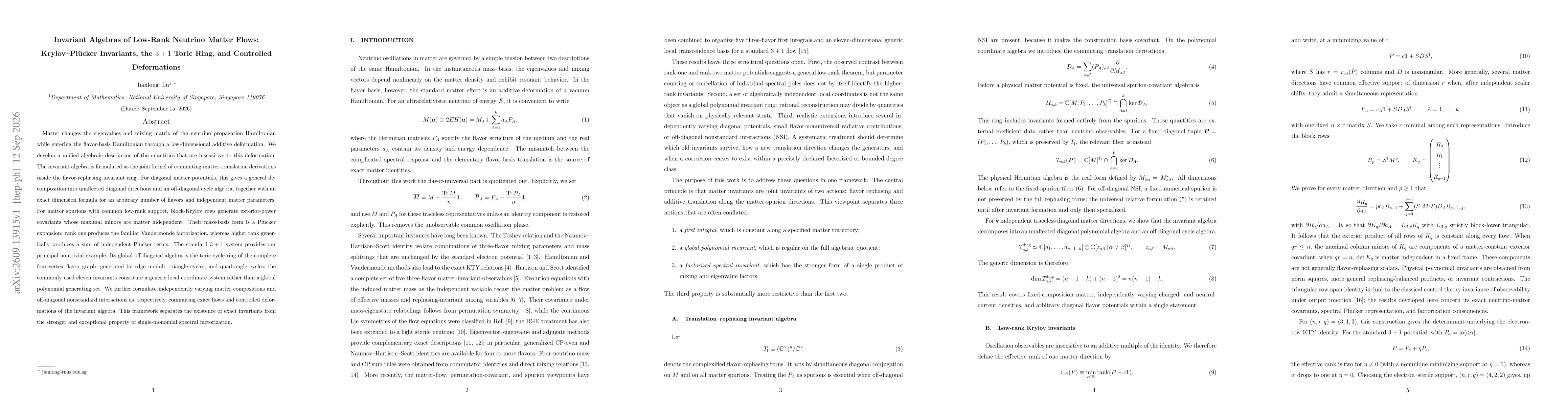 Thumbnail for Invariant Algebras of Low-Rank Neutrino Matter Flows: Krylov-Plücker Invariants, the $3+1$ Toric Ring, and Controlled Deformations