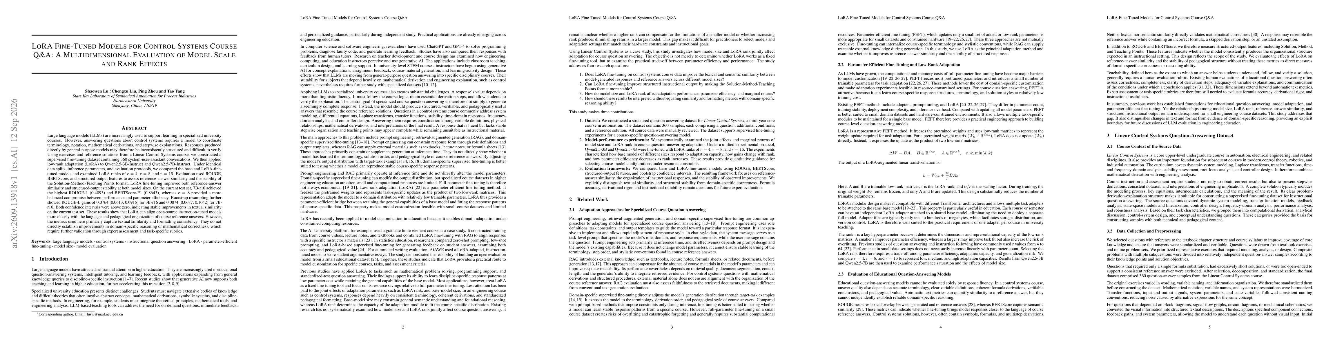 Thumbnail for LoRA Fine-Tuned Models for Control Systems Course Q\&A: A Multidimensional Evaluation of Model Scale and Rank Effects