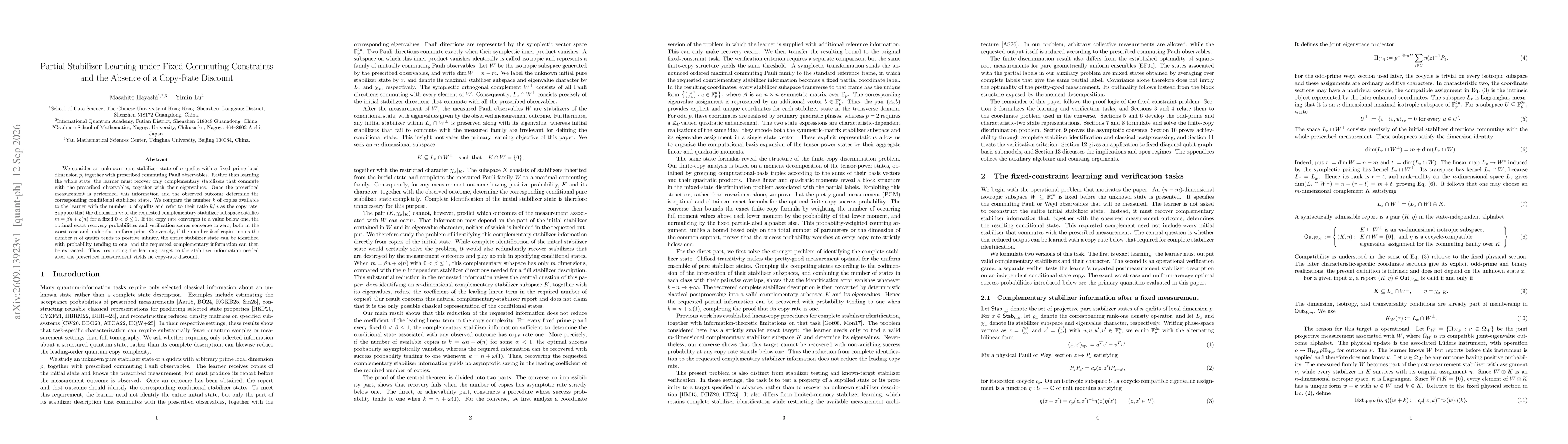 Thumbnail for Partial Stabilizer Learning under Fixed Commuting Constraints and the Absence of a Copy-Rate Discount