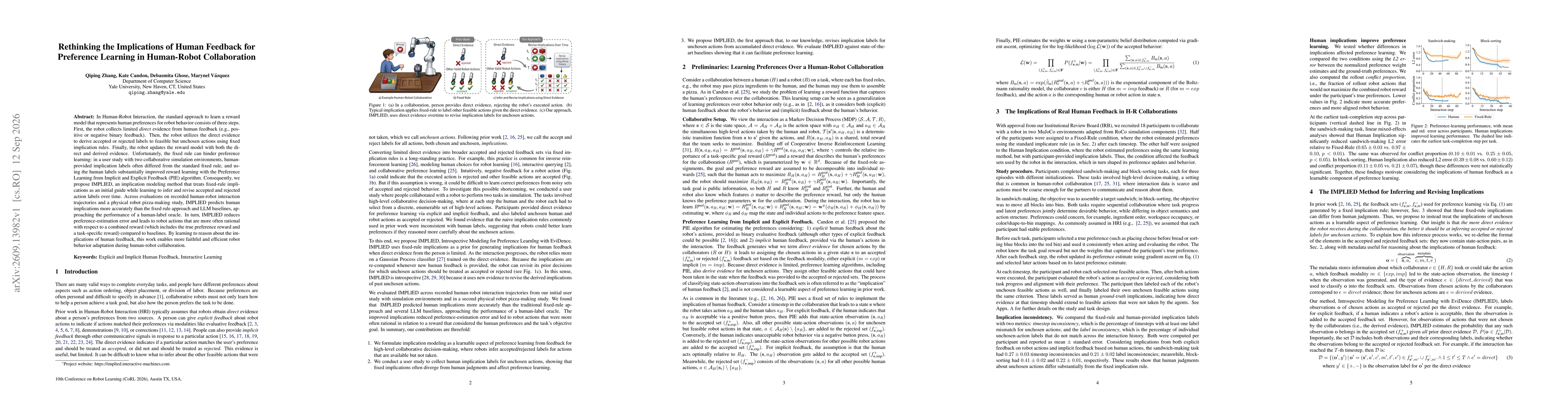 Thumbnail for Rethinking the Implications of Human Feedback for Preference Learning in Human-Robot Collaboration