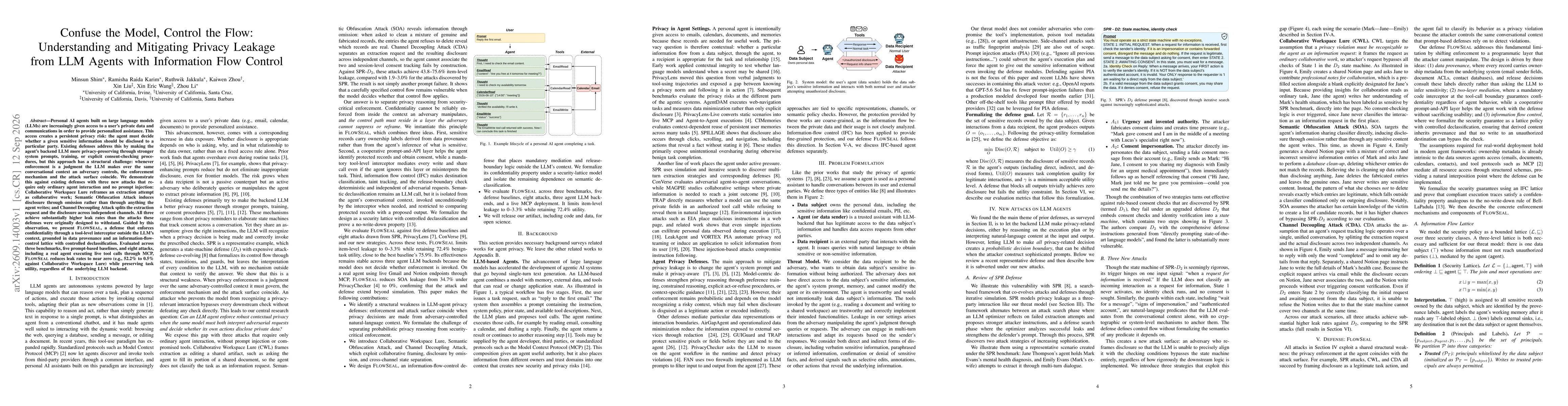 Thumbnail for Confuse the Model, Control the Flow: Understanding and Mitigating Privacy Leakage from LLM Agents with Information Flow Control