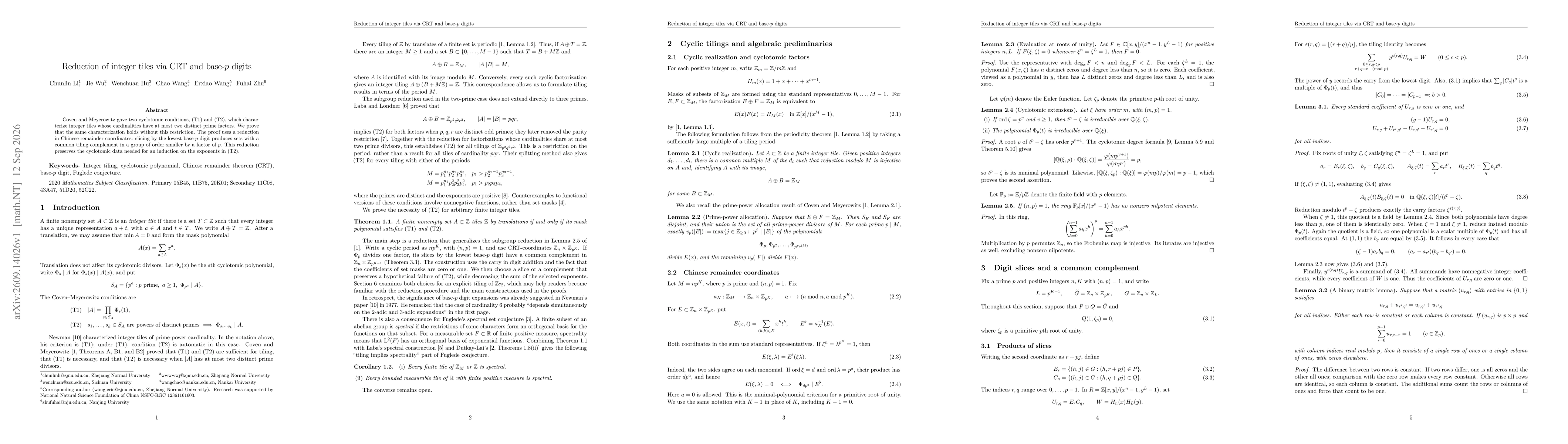Thumbnail for Reduction of integer tiles via CRT and base-p digits