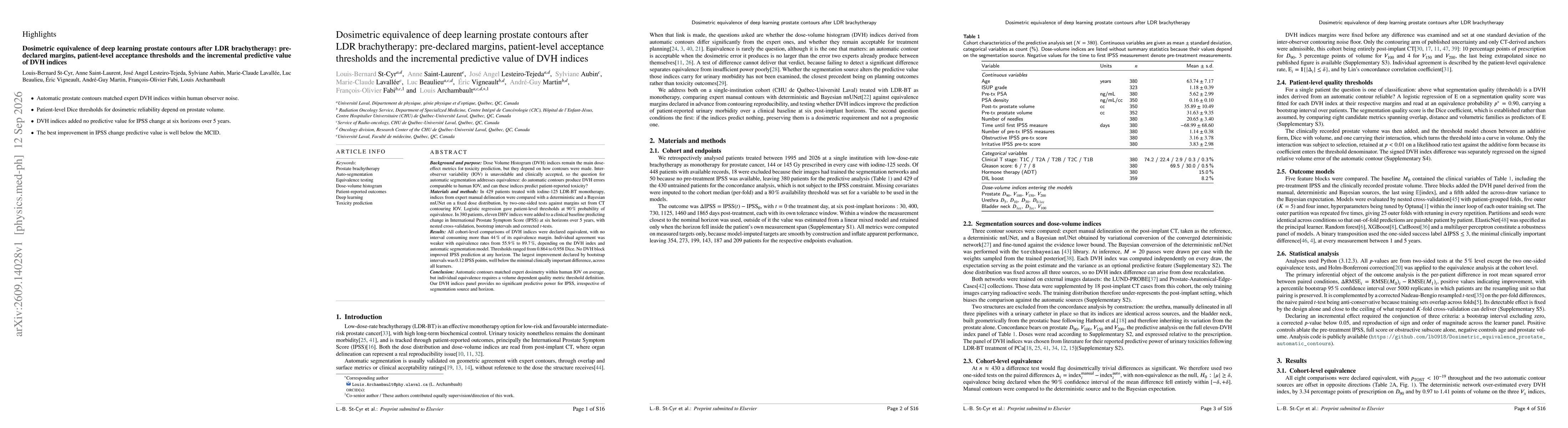 Thumbnail for Dosimetric equivalence of deep learning prostate contours after LDR brachytherapy: pre-declared margins, patient-level acceptance thresholds and the incremental predictive value of DVH indices