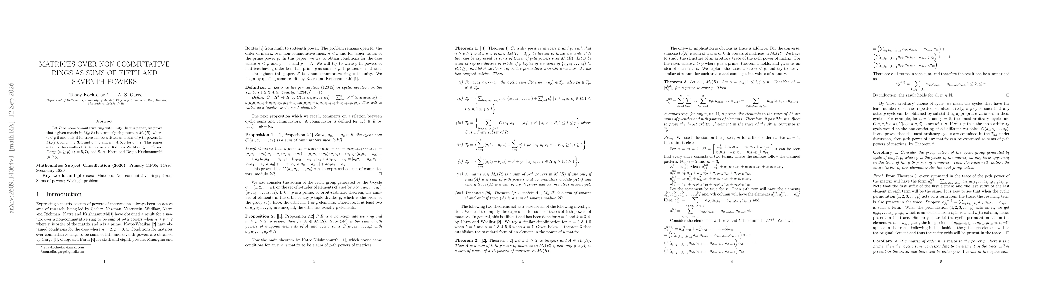 Thumbnail for Matrices over non-commutative rings as sums of fifth and seventh powers