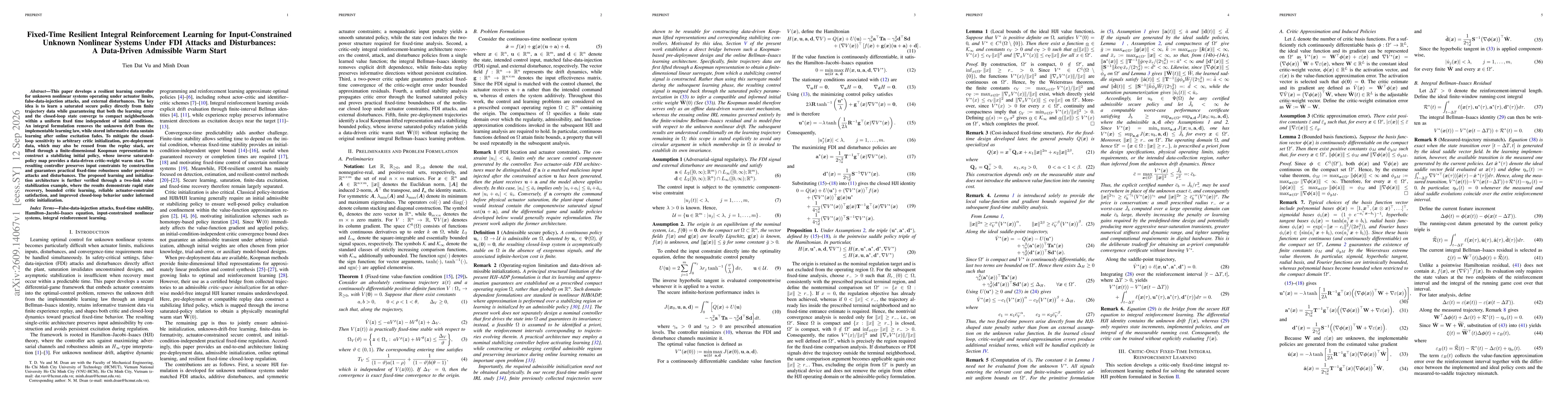 Thumbnail for Fixed-Time Resilient Integral Reinforcement Learning for Input-Constrained Unknown Nonlinear Systems Under FDI Attacks and Disturbances: A Data-Driven Admissible Warm Start