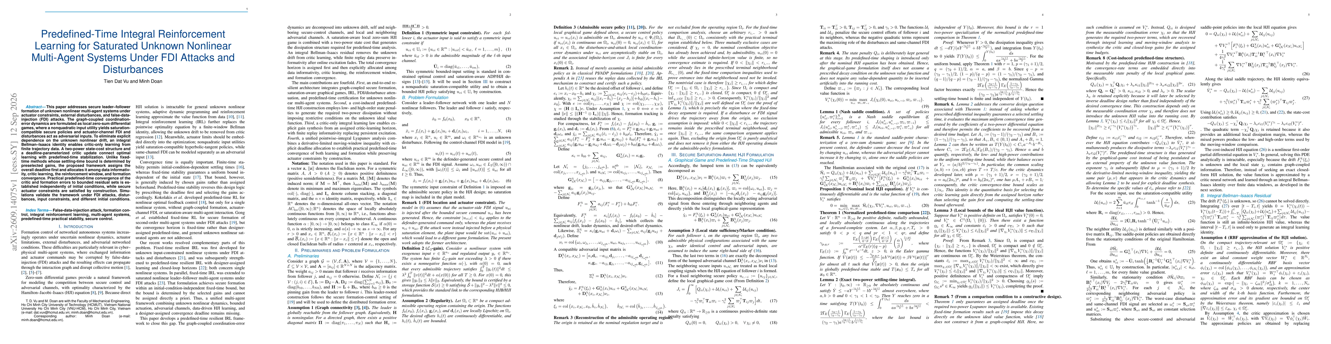Thumbnail for Predefined-Time Integral Reinforcement Learning for Saturated Unknown Nonlinear Multi-Agent Systems Under FDI Attacks and Disturbances