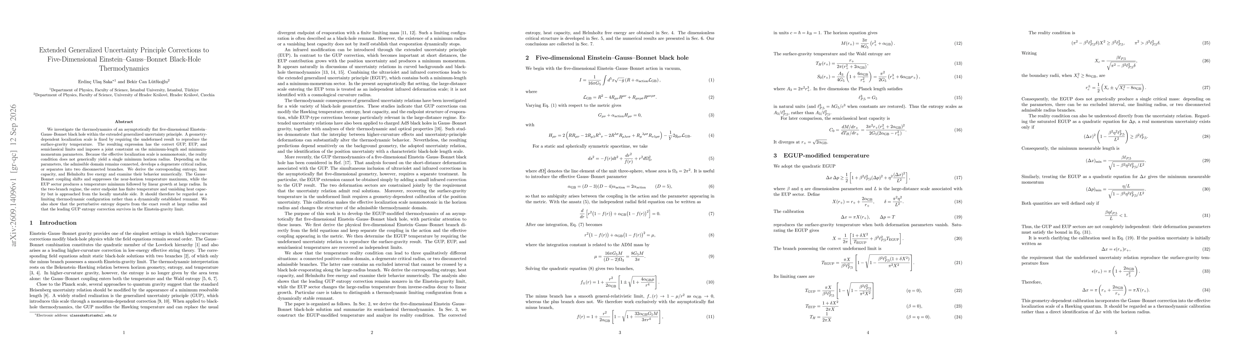 Thumbnail for Extended Generalized Uncertainty Principle Corrections to Five Dimensional Einstein Gauss Bonnet Black Hole Thermodynamics
