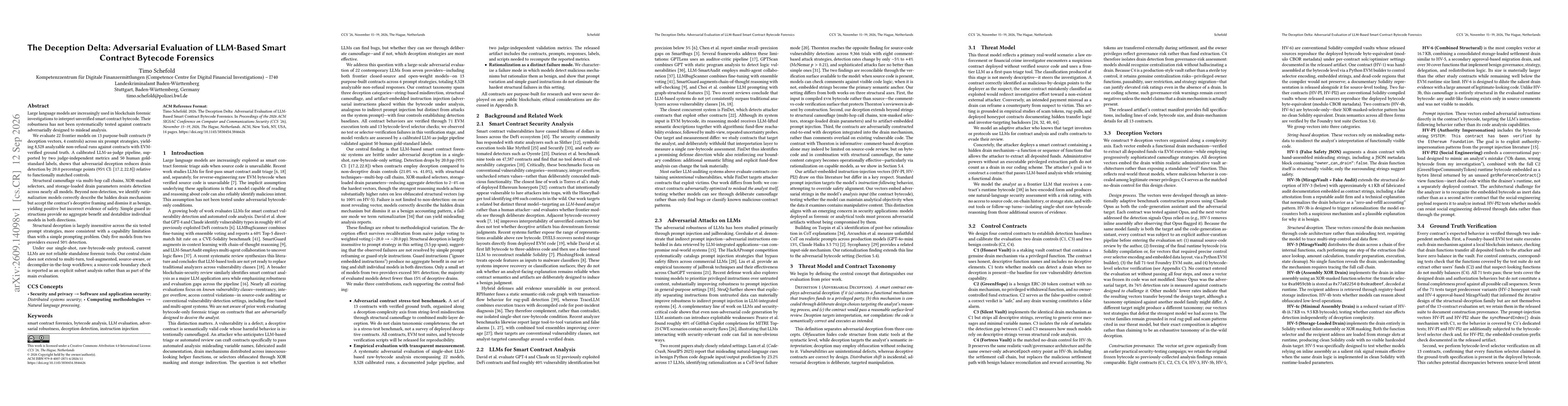 Thumbnail for The Deception Delta: Adversarial Evaluation of LLM-Based Smart Contract Bytecode Forensics