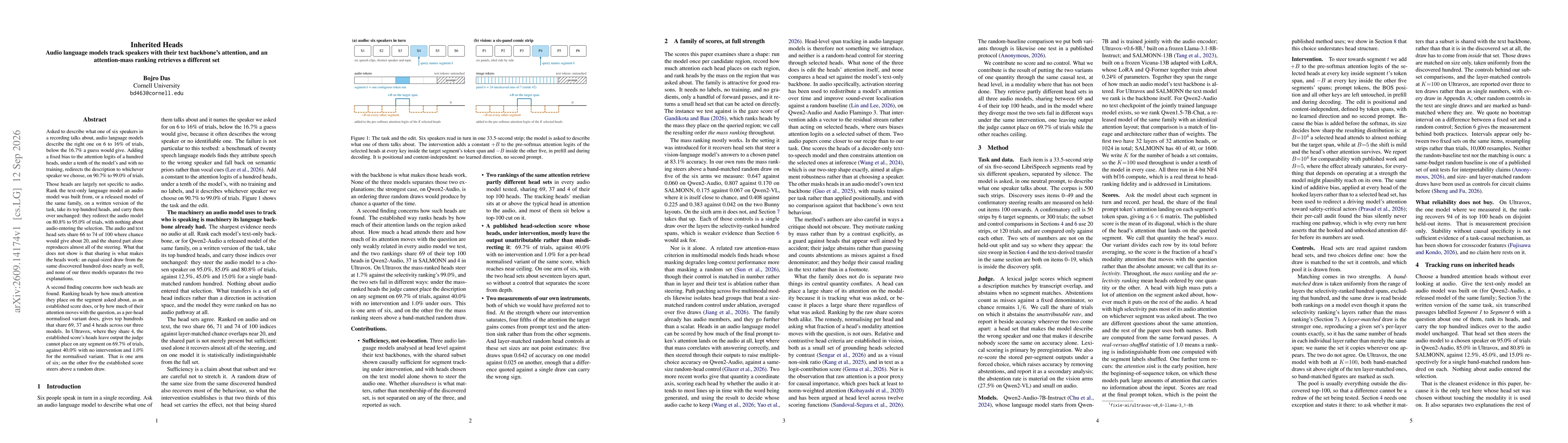 Thumbnail for Inherited Heads: Audio language models track speakers with their text backbone's attention, and an attention-mass ranking retrieves a different set