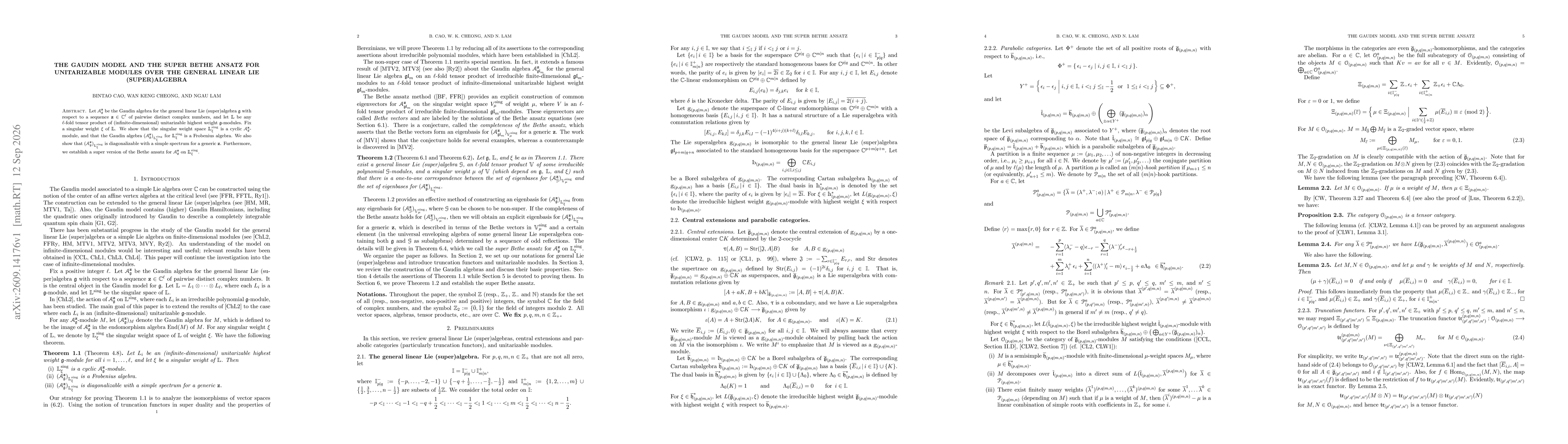 Thumbnail for The Gaudin model and the super Bethe ansatz for unitarizable modules over the general linear Lie (super)algebra