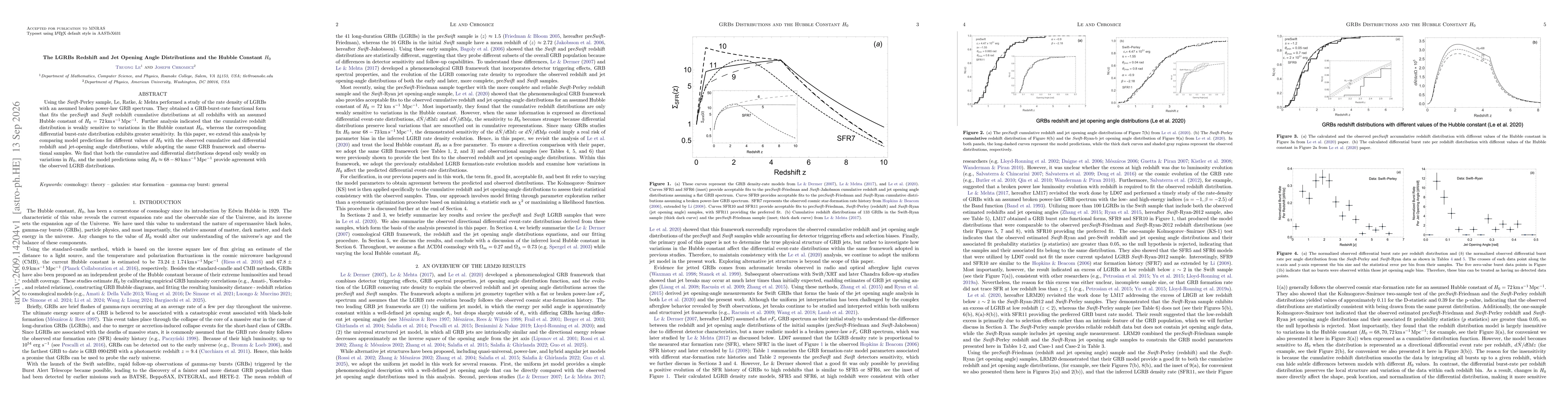 Thumbnail for The LGRBs Redshift and Jet Opening Angle Distributions and the Hubble Constant $H_0$