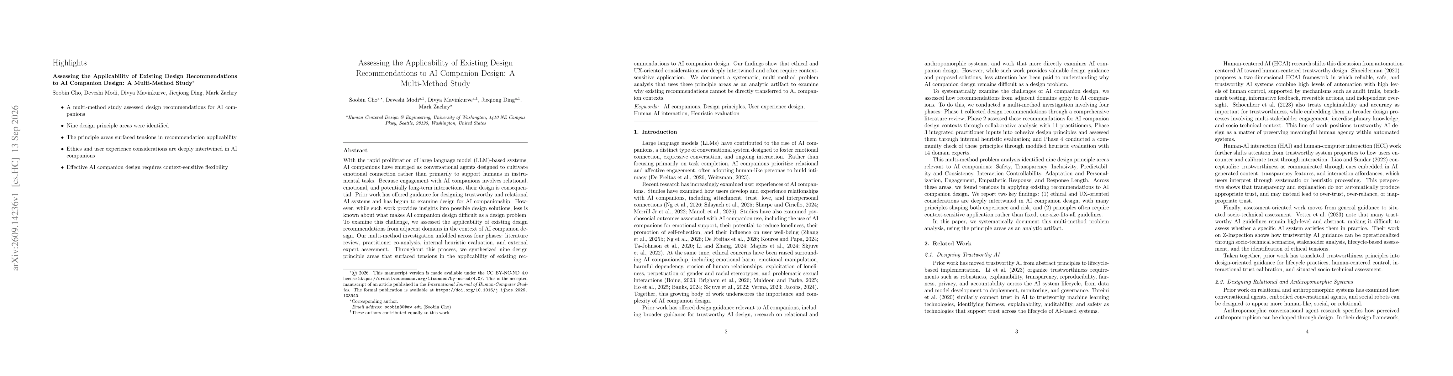 Thumbnail for Assessing the Applicability of Existing Design Recommendations to AI Companion Design: A Multi-Method Study