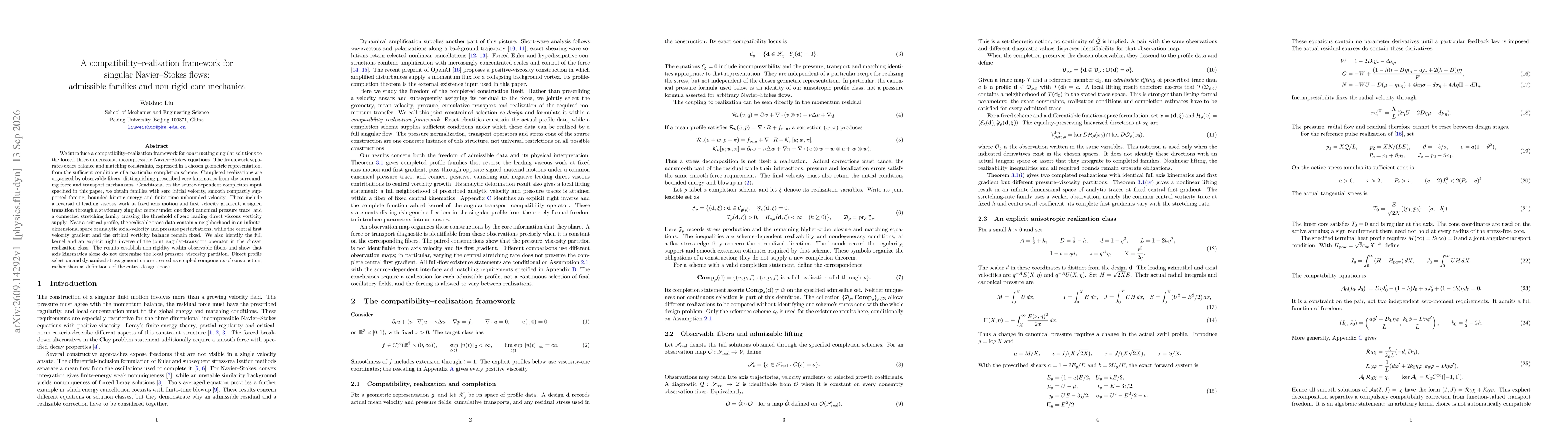 Thumbnail for A compatibility--realization framework for singular Navier--Stokes flows: admissible families and non-rigid core mechanics