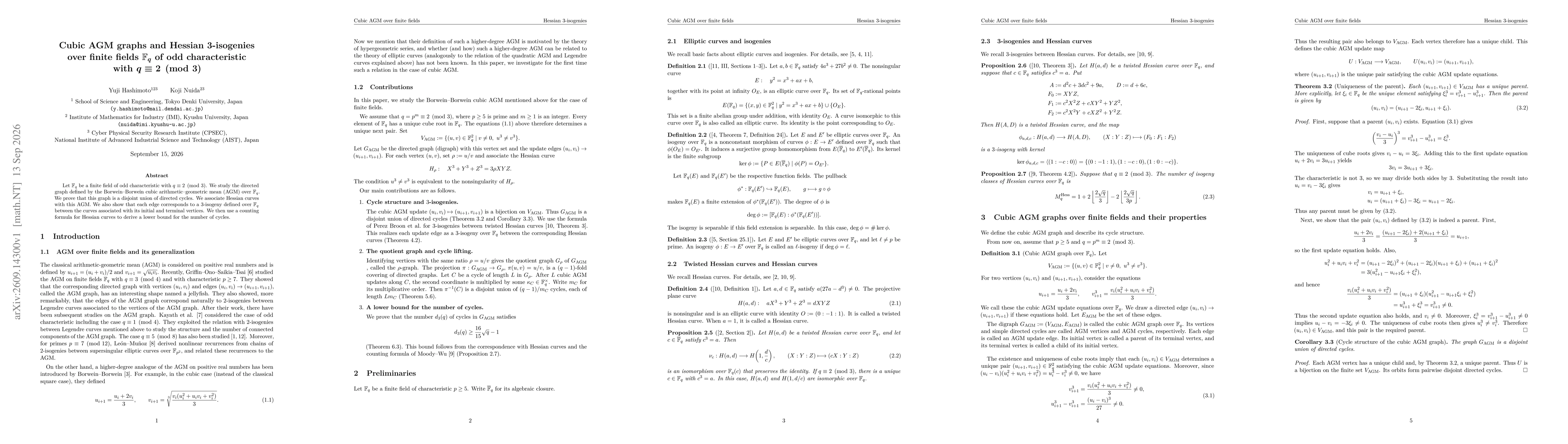 Thumbnail for Cubic AGM graphs and Hessian $3$-isogenies over finite fields $\mathbb{F}_q$ of odd characteristic with $q \equiv 2 \pmod3$