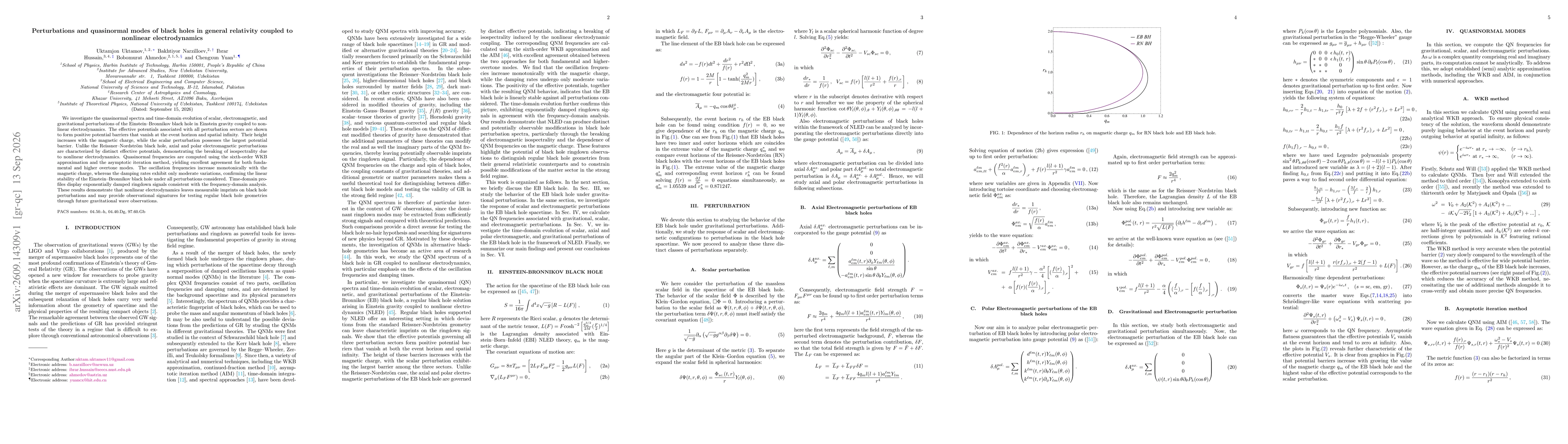 Thumbnail for Perturbations and quasinormal modes of black holes in general relativity coupled to nonlinear electrodynamics