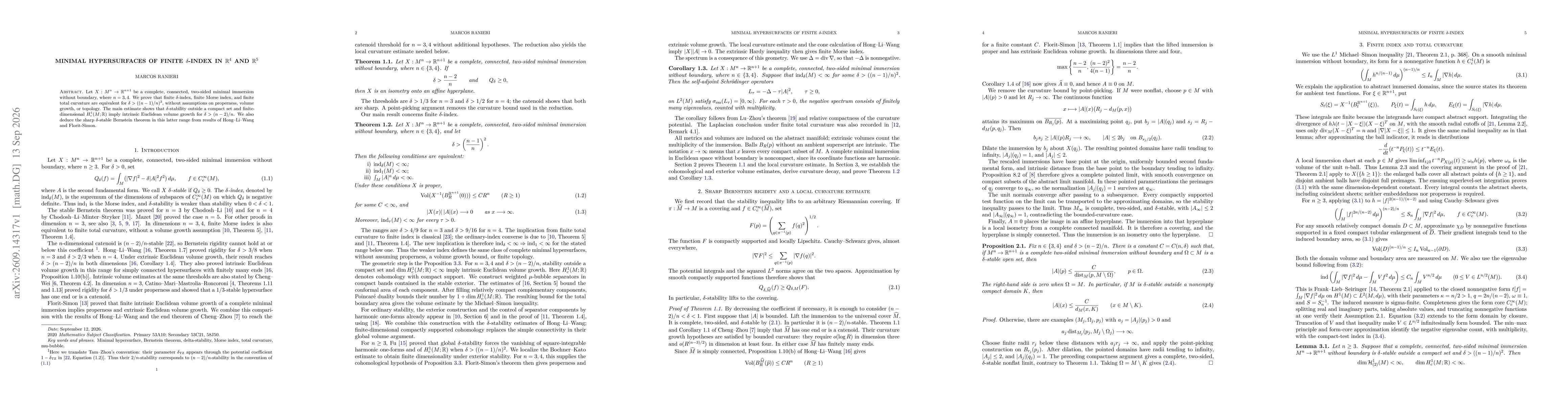 Thumbnail for Minimal hypersurfaces of finite $δ$-index in $\mathbb R^4$ and $\mathbb R^5$