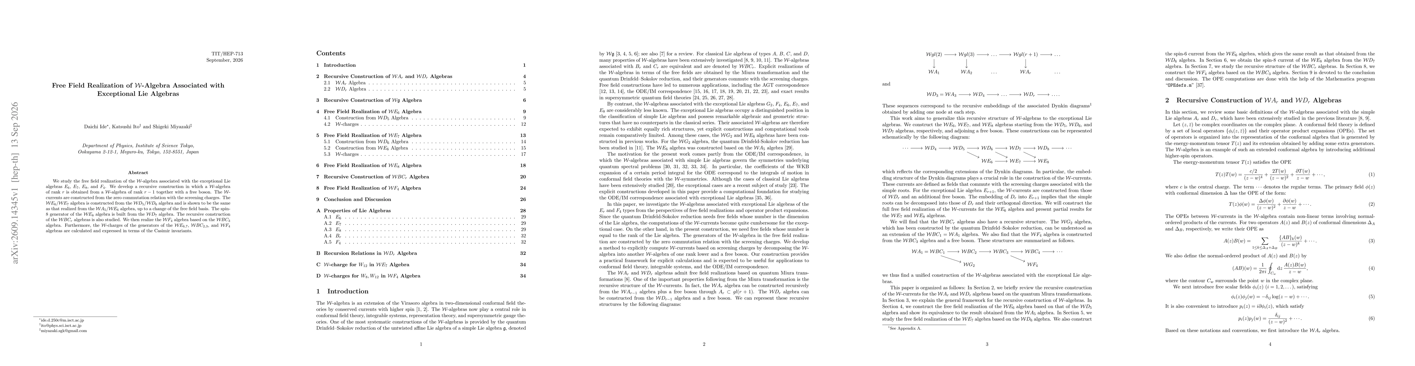 Thumbnail for Free Field Realization of $\mathcal{W}$-Algebra Associated with Exceptional Lie Algebras