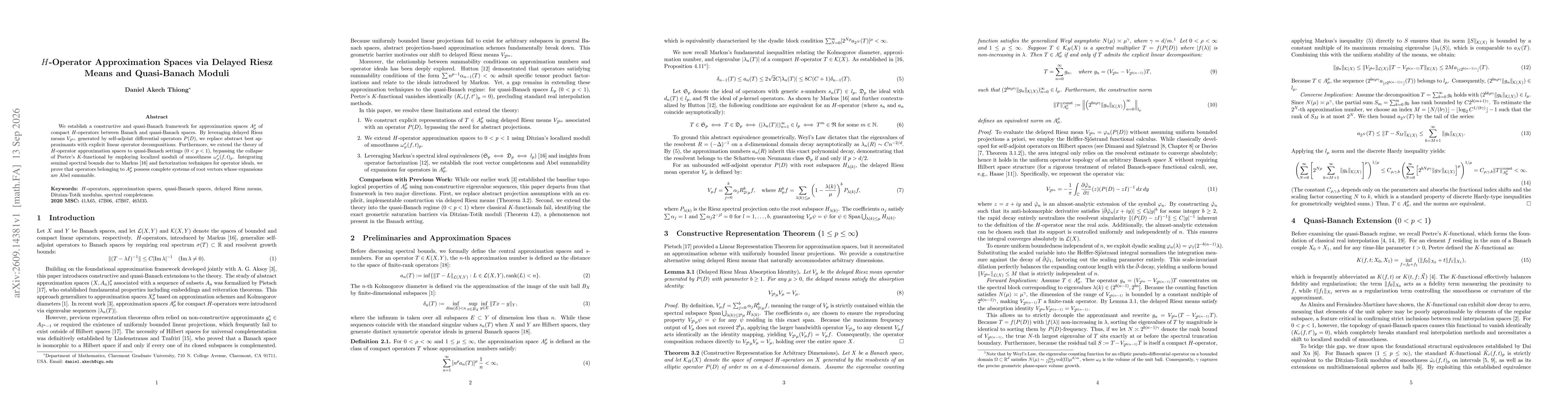 Thumbnail for $H$-Operator Approximation Spaces via Delayed Riesz Means and Quasi-Banach Moduli